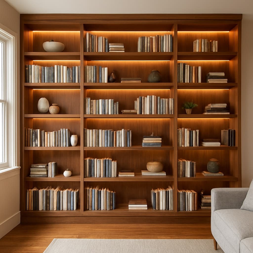 Custom floor-to-ceiling walnut built-in bookshelf