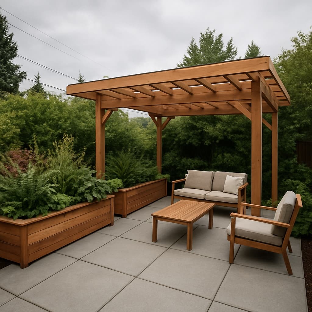 Custom patio with cedar planters and pergola